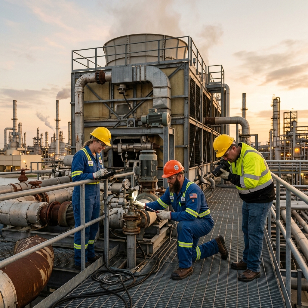 Aqua Pure Solutions team inspecting a cooling tower